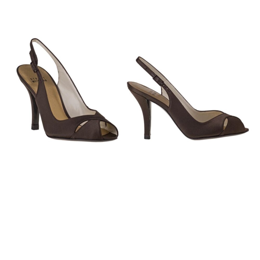 Stuart Weitzman Chocolate Brown Satin Peep-Toe Slingback Heels Size 9